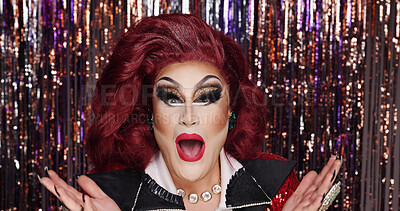 Buy stock photo Portrait, surprise and drag performer with beauty, reaction or announcement with night club. Makeup, emoji or lgbt person with identity, performance or cosmetics with confidence, artist or expression