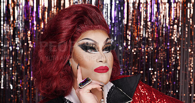 Buy stock photo Thinking, drag performer and person on stage ready for performance, self expression and show. Creative, lgbtq and artist with beauty, cosmetics and makeup with streamers, glamour and confidence