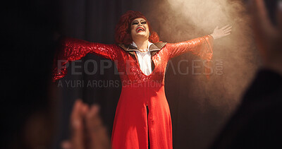 Buy stock photo Person, drag artist and stage with applause, praise and excited with thanks for crowd at cabaret show. Lgbt performer, musician or singer with gratitude, happy and pride with celebration in audience