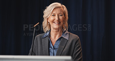Buy stock photo Politics, portrait and smile of mature woman on stage for democracy, election or government campaign. Constitution, microphone and podium with happy speaker at conference, meeting or summit for vote
