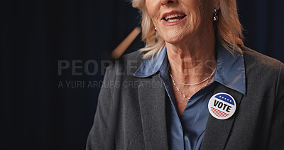 Buy stock photo Woman, mouth and political speech at convention for democracy, press conference and election campaign. Mature politician, talking and vote badge for government, public announcement and media debrief