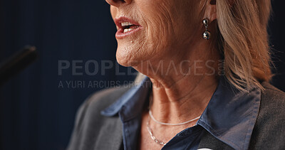 Buy stock photo Mature woman, mouth or speaker with speech for global economic changes, improvement or presentation. Female person, diplomat or political congress with mic for public relations or national discussion