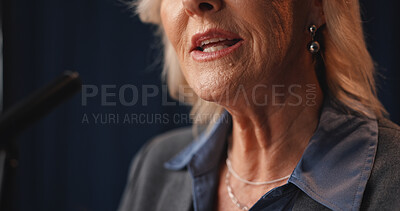 Buy stock photo Mouth, woman and talk with mic for speech at conference, political statement and address audience. Mature person, candidate and speaking of election campaign, global announcement and government pitch