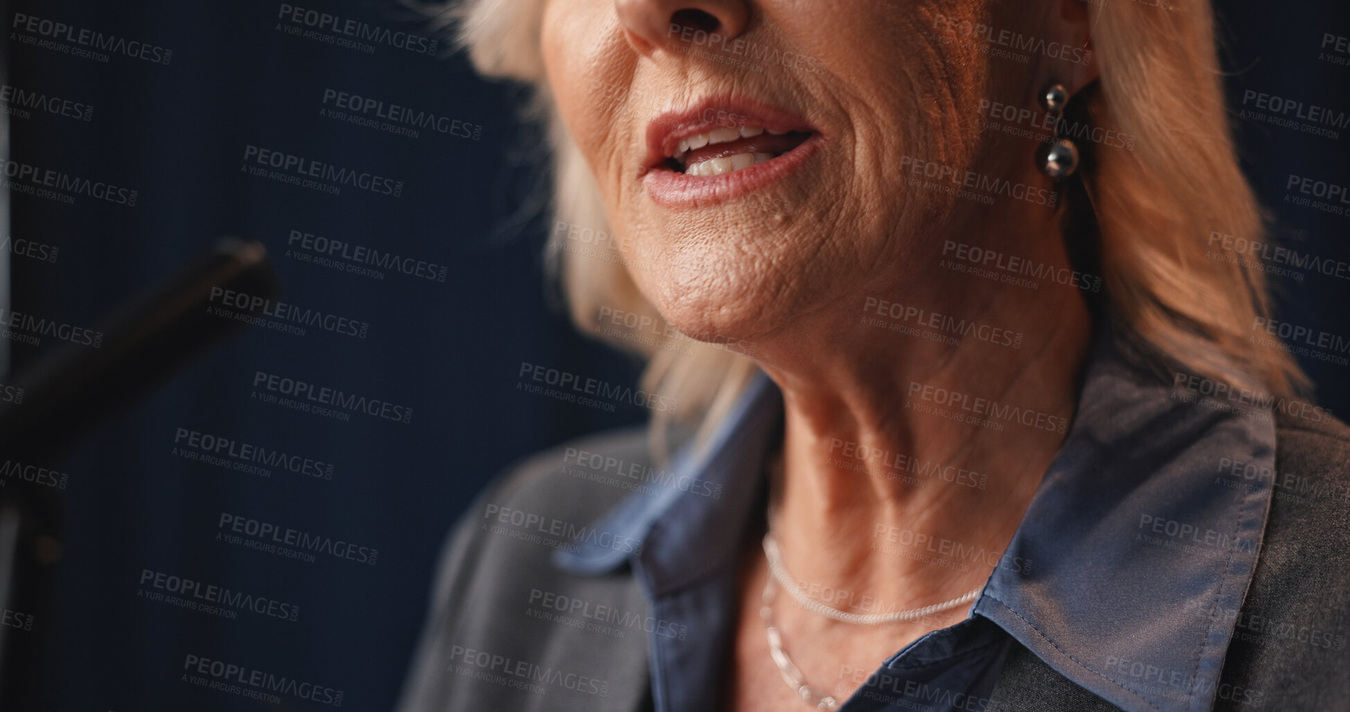 Buy stock photo Mouth, woman and talk with mic for speech at conference, political statement and address audience. Mature person, candidate and speaking of election campaign, global announcement and government pitch