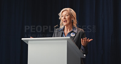Buy stock photo Election, politics or mature woman at podium with mic, democratic process or candidate speech at debate. Campaign message, persuasion or speaker with call to action, voter trust or public engagement