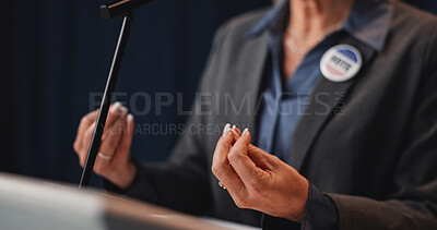 Buy stock photo Hands, woman and political speech at convention for democracy, press conference and election campaign. Mature politician, talking and vote badge for government, public announcement and media debrief