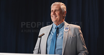 Buy stock photo Happy, politician and man with speech, press conference and seminar with announcement. Activism, mature person or speaker with official event, vote or legislator with policy update and confidence