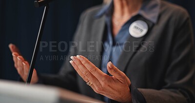 Buy stock photo Hands, person and political speech at convention for democracy, press conference and election campaign. Mature politician, talking and vote badge for government, public announcement and media debrief