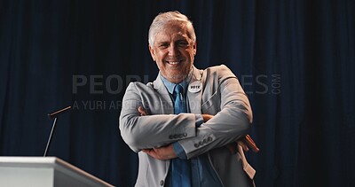 Buy stock photo Portrait, man and confident politician at podium for election campaign event, pride or arms folded. Smile, politics or mature person as government speaker, leadership or presidential candidate in USA