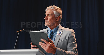 Buy stock photo Thinking, podium and man with tablet for political speech, election debate and prepare on stage. Government, ideas and person on digital tech for press conference notes, voting campaign and strategy