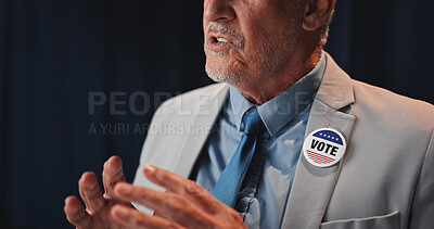 Buy stock photo Hands, man and political speech at convention for democracy, press conference and election campaign. Mature politician, discussion and vote badge for government, public announcement and media debrief