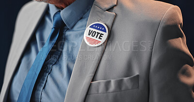 Buy stock photo Person, vote and badge at political convention for democracy, press conference and election campaign. Mature politician, talking and motivation for government, public announcement and media debrief
