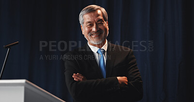 Buy stock photo Mature man, portrait and confident politician at podium for election campaign event, pride or happy. Smile, politics and Asian person as government speaker, arms folded or presidential candidate