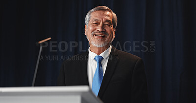 Buy stock photo Portrait, politician and happy man with speech, press conference and smile with announcement. Seminar, mature person or speaker with official event, vote or legislator with policy update or democracy