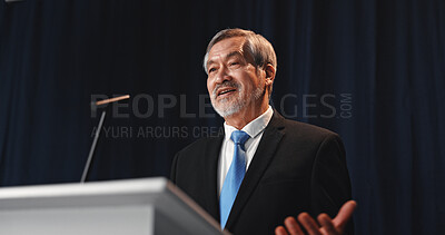 Buy stock photo Speech, Asian man and politician with mic for election, democracy or political campaign. Stage, greeting and mature speaker at conference, meeting or seminar event for vote or activism at convention