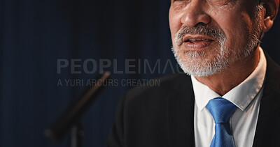 Buy stock photo Speech, mature man and politician with mic for election, democracy or political campaign. Stage, greeting and guest speaker at conference, meeting or seminar event for vote or activism at convention