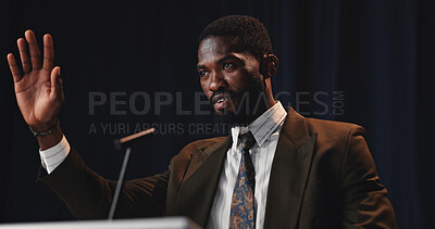 Buy stock photo Black man, speaker and wave with mic for speech, country congress or political statement on podium. Event, male person or African politician with seminar for government pitch, democracy or election