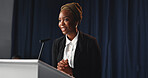 Black woman, speaker and convention with mic for speech, congress or political statement on podium. Event, female person or African politician with seminar for government pitch, democracy or election