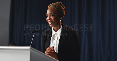 Buy stock photo Black woman, speaker and convention with mic for speech, congress or political statement on podium. Event, female person or African politician with seminar for government pitch, democracy or election