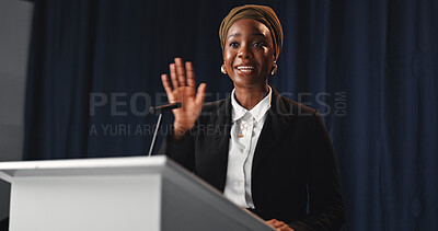 Buy stock photo Black woman, speaker and wave with mic for speech, congress or political statement on podium. Event, female person or African politician with seminar for government pitch, democracy or election