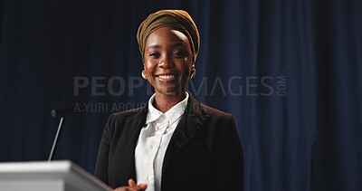 Buy stock photo Black woman, speaker and portrait with mic for speech, congress or political statement on podium. Event, female person or African politician with seminar for government pitch, democracy or election