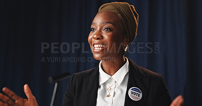 Buy stock photo Speech, black woman or politician with announcement for press conference, mayor vote or democracy. Confident, female person and speaker at political rally for election campaign, policy or leadership.