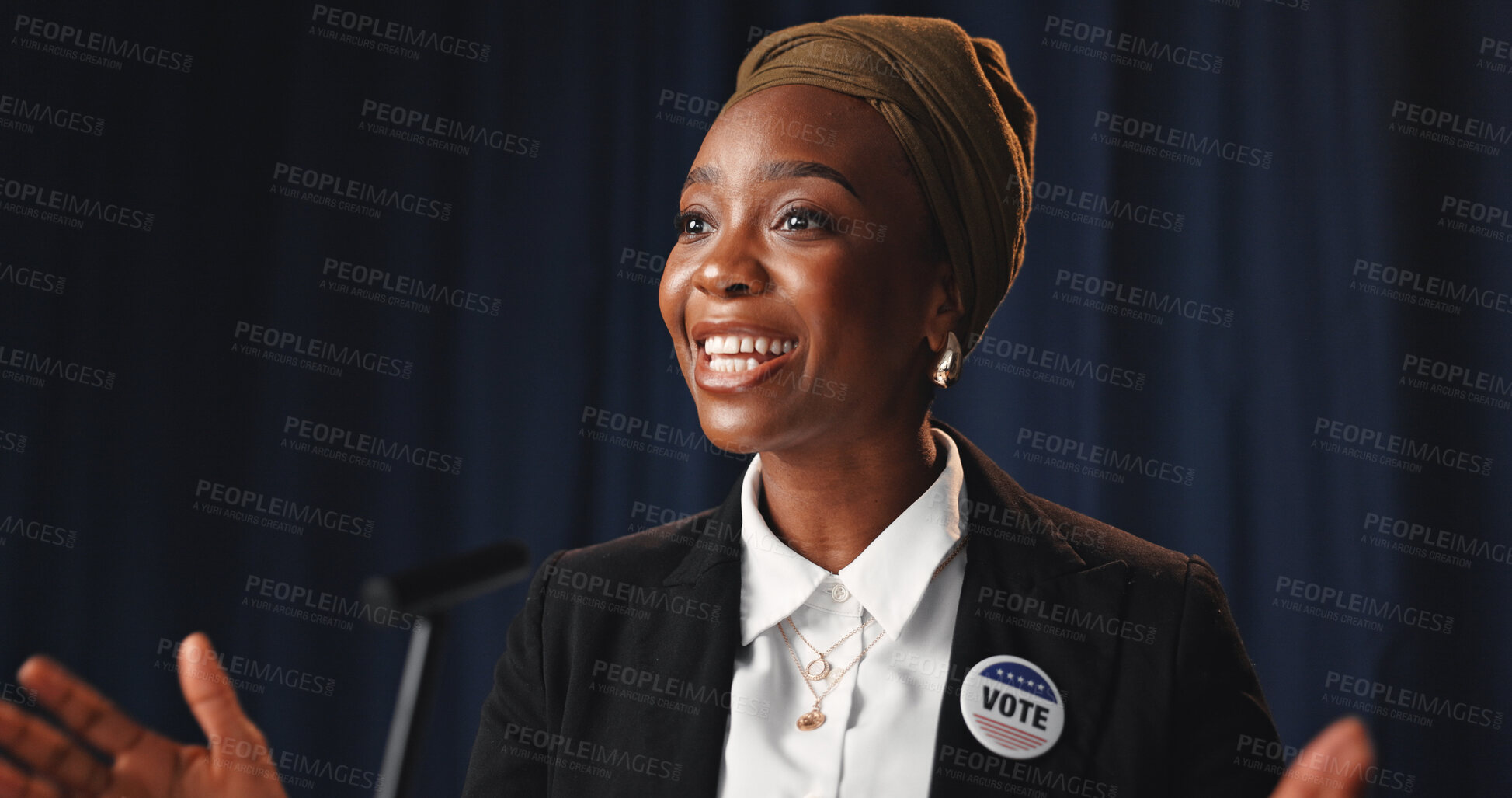 Buy stock photo Speech, black woman or politician with announcement for press conference, mayor vote or democracy. Confident, female person and speaker at political rally for election campaign, policy or leadership.