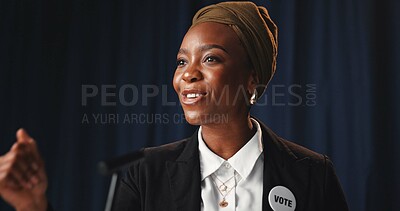 Buy stock photo Speech, black woman and politician with microphone for press conference, mayor vote and democracy. Confident, female person and speaker at political rally for election campaign, policy or leadership.