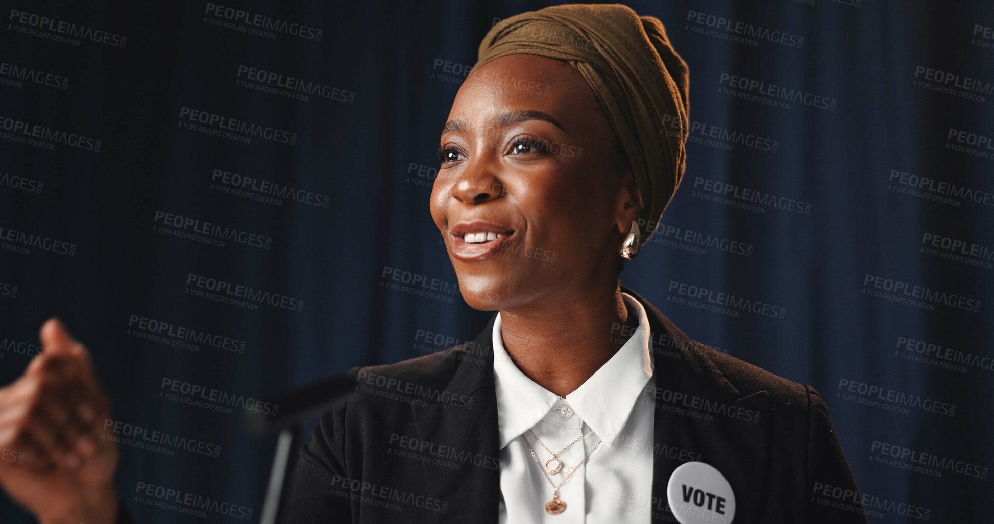 Buy stock photo Speech, black woman and politician with microphone for press conference, mayor vote and democracy. Confident, female person and speaker at political rally for election campaign, policy or leadership.