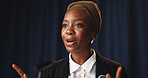 Speech, black woman and politician with press conference for election, mayor vote and democracy. Confident, female person and speaker at political rally for government campaign, policy or leadership.