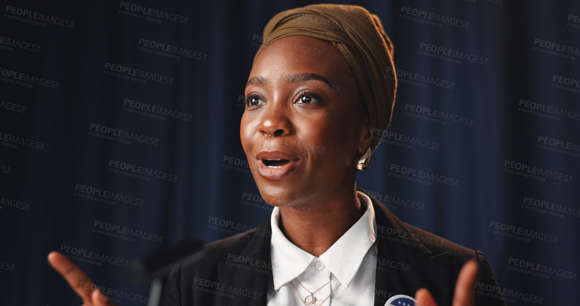 Buy stock photo Speech, black woman and politician with press conference for election, mayor vote and democracy. Confident, female person and speaker at political rally for government campaign, policy or leadership.