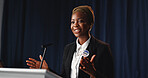 Black woman, podium and political speech at convention for democracy, press conference and election campaign. Politician, talking and vote badge for government, public announcement and media debrief