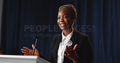 Buy stock photo Black woman, podium and political speech at convention for democracy, press conference and election campaign. Politician, talking and vote badge for government, public announcement and media debrief