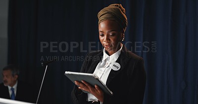 Buy stock photo Podium, politician and woman on tablet for speech notes, election debate and prepare on stage. Government, candidate and person on digital tech for press conference agenda, voting stats and planning