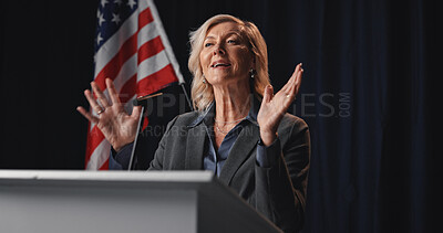 Buy stock photo Politician, speech and woman with American flag on a stage for election, debate and voting campaign. Government, candidate and mature person for press conference, political policy and delegation