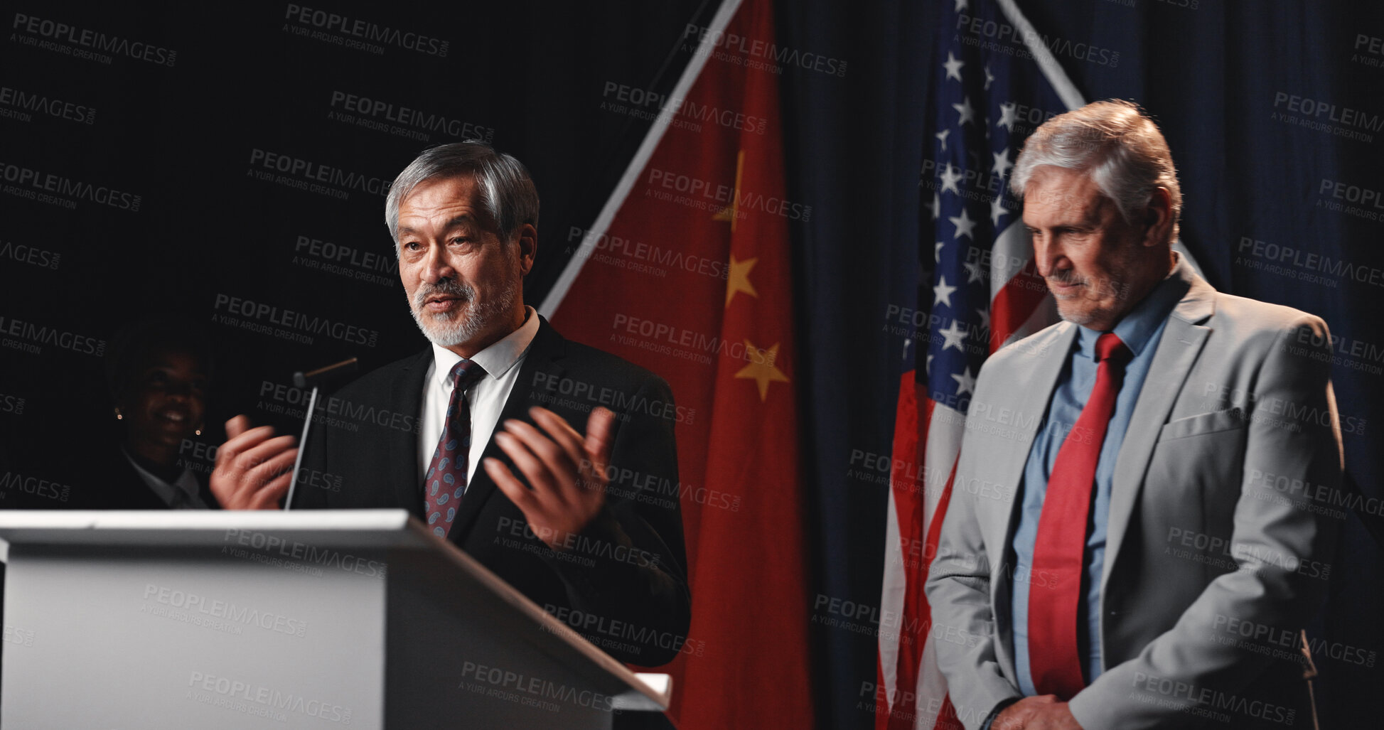 Buy stock photo Election, politicians and men on podium for speech with mic for democratic selection at debate. Campaign, discussion and male candidates with press conference for votes on stage for public relations.