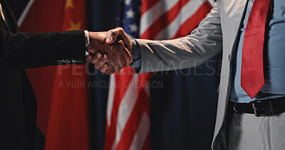 Buy stock photo People, politics and handshake with agreement for alliance, political negotiation or country deal. Politician, congressmen or shaking hands with global partnership to stop war for exchange or truce