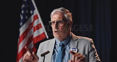 Buy stock photo Mature man, speaker and vote with american flag for global economic change, politics or opportunity. Male person, diplomat or politician with mic for public relations or national election in USA