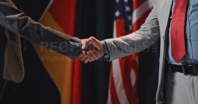 Buy stock photo People, democracy and handshake with agreement for political negotiation, deal or election. Politician, congressmen or shaking hands with global partnership for international alliance or governance