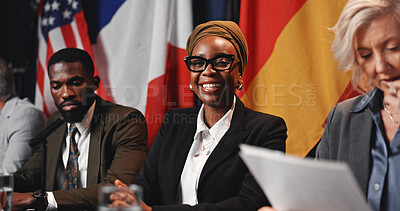 Buy stock photo Press conference, politics and happy woman with government panel or international delegation. Summit, people and portrait of politician with group at event for diplomacy, global forum or policy expo