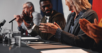 Buy stock photo Press conference, applause and hands with group for delegation, international government and panel. Summit, people and politician at speech for diplomacy discussion, global forum or policy update