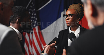 Buy stock photo Woman, press conference and flags at international convention, journalist group or interview at event. Person, speaker or ambassador with media, mic and talk for peace negotiation to stop global war