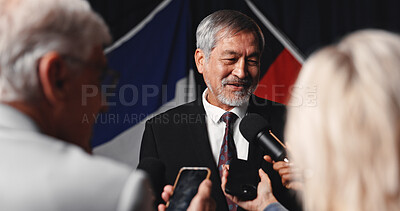 Buy stock photo Politics, man or media interview at press conference for policy feedback, follow up question or opinion. Mic, state official and talking to journalists with phone for public briefing or news coverage