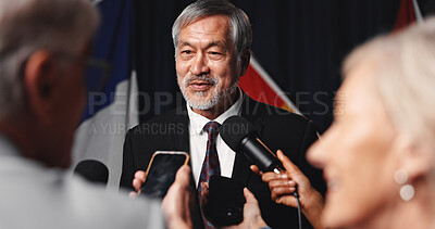 Buy stock photo Politician, man or media interview at press conference for policy feedback, follow up question or opinion. Mic, minister and speaking to journalists with phone for public briefing and news coverage