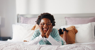 Buy stock photo Relax, smile and portrait of child in bedroom of home for comfortable, calm and wake up. Morning routine, happiness or resting with black boy in bed of apartment for satisfied, weekend break or peace