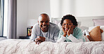 Portrait, father and happy child relax on bed for care, bonding together and laugh in morning. African family, boy and dad in bedroom with smile, funny joke or development with single parent in home