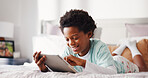 Relax, smile and child with tablet in bedroom for game, streaming show or learning online in home. African boy, bed or happy with digital technology for movie app, cartoon or reading ebook on weekend