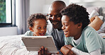 Tablet, relax and dad with children on bed in home for watching movie, series or show together. Happy, bonding and African father with kids for streaming film on technology in bedroom at house.