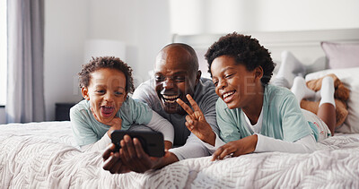 Buy stock photo Happy, dad and selfie with children in bedroom, bonding and profile picture for social media or web. Laughing, black man and photograph with kids on bed, home and sharing moment online, love and fun