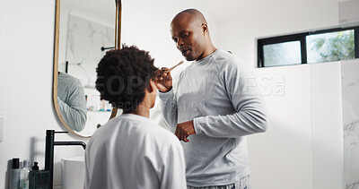 Buy stock photo Black family, child and brushing teeth with father in home for hygiene, fresh breath and demonstration. Man, guide and kid for cleaning mouth, dental habit and oral care to prevent cavity in bathroom